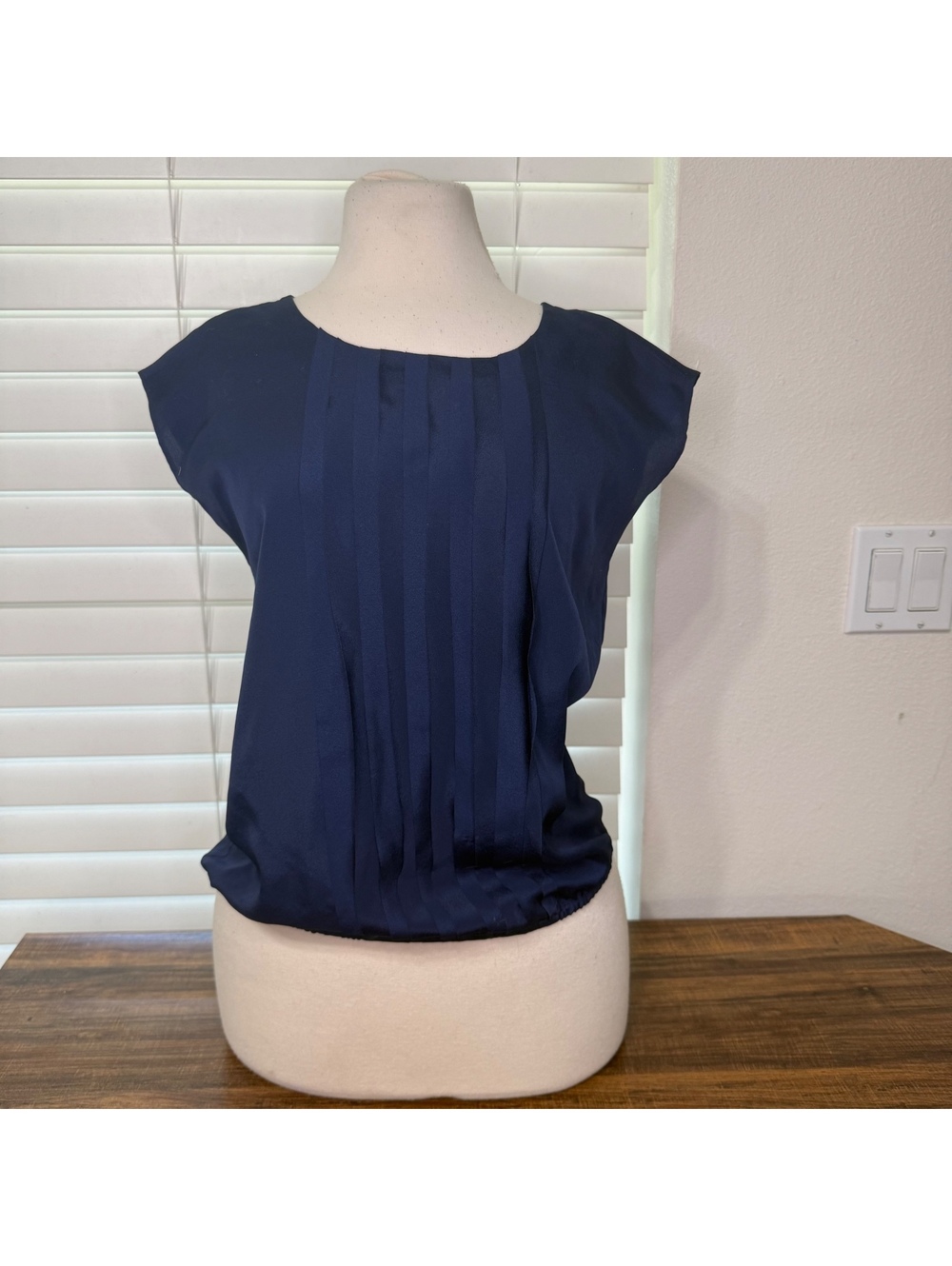 LOFT Petite Navy Blue Pleated Front Blouse Size XS Petite
